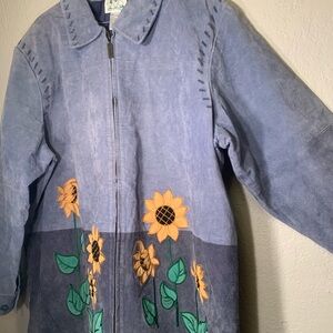 The Quacker Factory blue leather and silky lined sunflower jacket 2x
